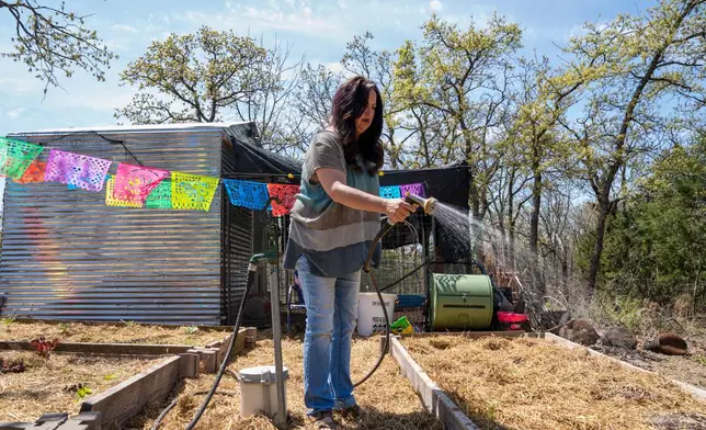 Erika Wright, a mother whose two school-age children attend a rural school district in Cleveland County waters her garden at her home in Noble, Okla., on Tuesday, April 15, 2025. (AP Photo/Nick Oxford)