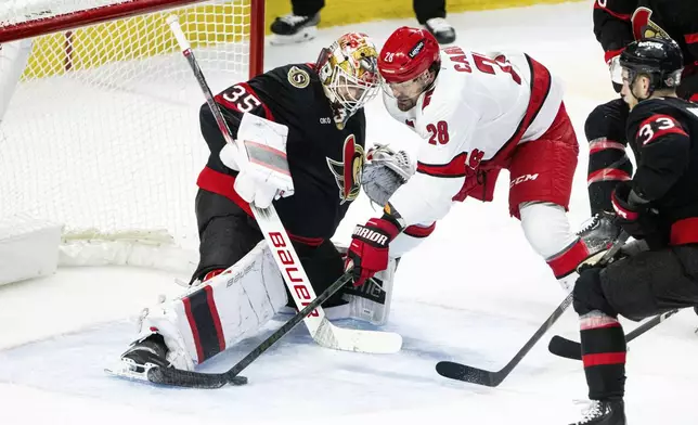 Carolina Hurricanes left wing William Carrier (28) tries to score against Ottawa Senators goaltender Linus Ullmark (35) during third-period NHL hockey game action in Ottawa, Ontario, Thursday, April 17, 2025. (Spencer Colby/The Canadian Press via AP)