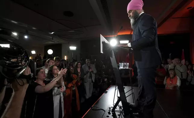 New Democratic Party Leader Jagmeet Singh addresses supporters at his campaign headquarters on election night, in Burnaby, B.C., Monday, April 28, 2025. (Darryl Dyck/The Canadian Press via AP)