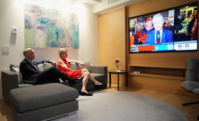 Canada's new Prime Minister and Liberal Leader Mark Carney and his wife Diana Fox Carney take in the results on election night in Ottawa, Ontario, Monday, April 28, 2025. (Sean Kilpatrick/The Canadian Press via AP)