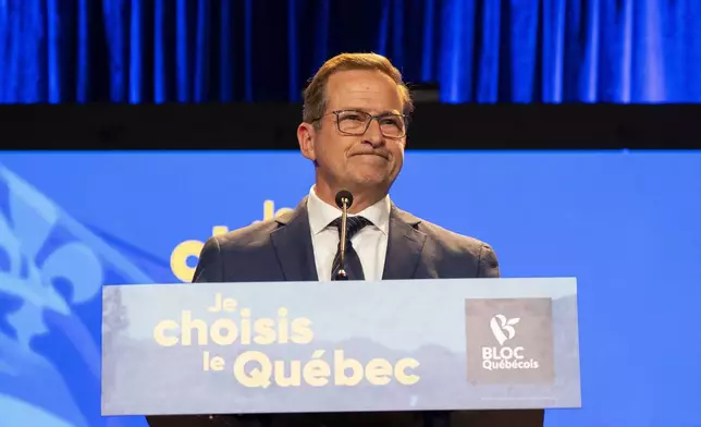 Bloc Québécois Leader Yves-Francois Blanchet speaks to supporters on election night, in Montreal, Tuesday, April 29, 2025. (Christopher Katsarov/The Canadian Press via AP)