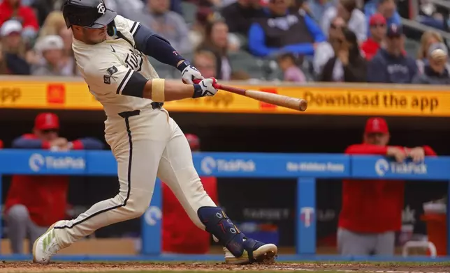 Minnesota Twins' Ty France hits an RBI double against the Los Angeles Angels in the sixth inning of a baseball game Sunday, April 27, 2025, in Minneapolis. (AP Photo/Bruce Kluckhohn)