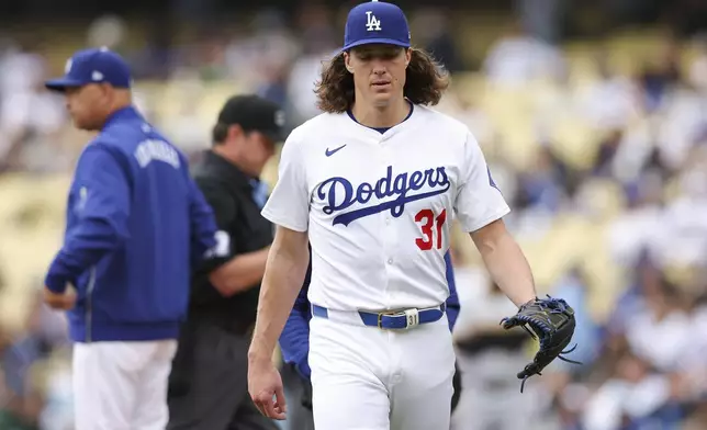 Los Angeles Dodgers pitcher Tyler Glasnow (31) exits during the second inning of a baseball game against the Pittsburgh Pirates in Los Angeles, Sunday, April 27, 2025. (AP Photo/Jessie Alcheh)