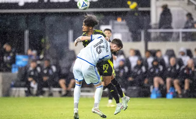 Columbus Crew forward Jacen Russell-Rowe (19) heads a ball as CF Montréal defender Joel Waterman (16) tries to defend during the first half of an MLS soccer match Saturday, April 5, 2025, in Columbus, Ohio. (AP Photo/Tanner Pearson)