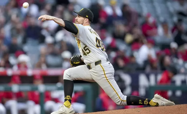 Pittsburgh Pirates starting pitcher Andrew Heaney delivers during the second inning of a baseball game, Wednesday, April 23, 2025, in Anaheim, Calif. (AP Photo/Eric Thayer)