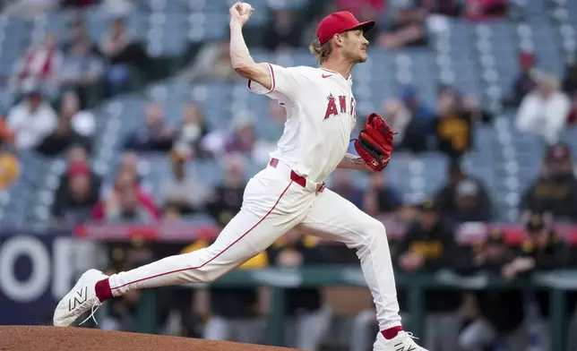 Los Angeles Angels starting pitcher Jack Kochanowicz delivers during the first inning of a baseball game, Wednesday, April 23, 2025, in Anaheim, Calif. (AP Photo/Eric Thayer)