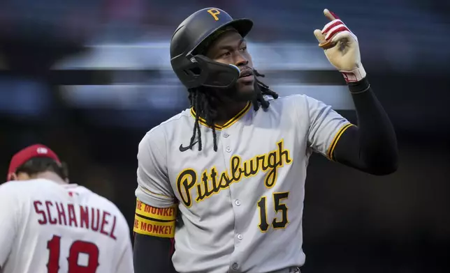 Pittsburgh Pirates outfielder Oneil Cruz (15) reacts after a hit during the third inning of a baseball game against the Los Angeles Angels, Wednesday, April 23, 2025, in Anaheim, Calif. (AP Photo/Eric Thayer)