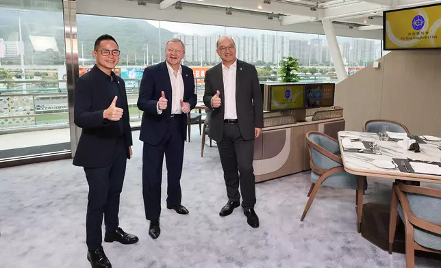 The Hong Kong Jockey Club’s Chief Executive Officer Winfried Engelbrecht-Bresges (centre), Executive Director, Customer Strategy, Insights and Innovation Dennis Hau (left), and Executive Director, Corporate Affairs Raymond Tam (right) congratulate on the reopening of Inner Circle after enhancement.