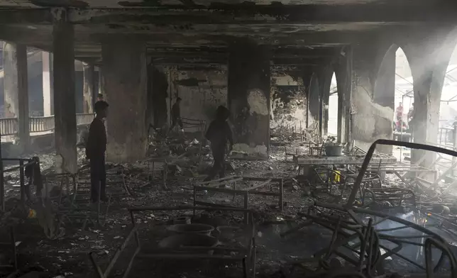 Palestinians inspect the damage after an Israeli army airstrike on Yaffa School, in Gaza City, Wednesday, April 23, 2025. (AP Photo/Jehad Alshrafi)
