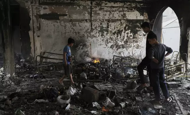 Palestinians inspect the damage after an Israeli army airstrike on Yaffa School, in Gaza City, Wednesday, April 23, 2025. (AP Photo/Jehad Alshrafi)