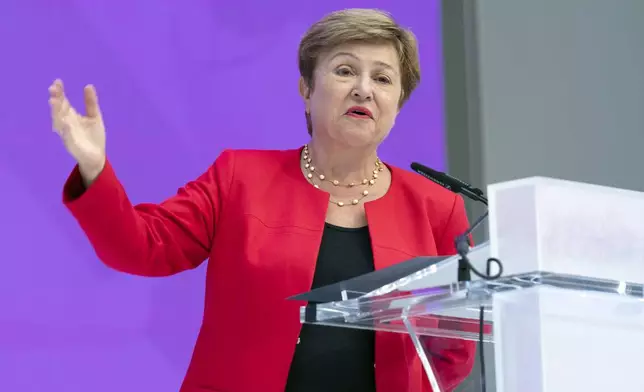 International Monetary Fund (IMF) Managing Director Kristalina Georgieva speaks at the forum Tokenization and the Financial System during the World Bank/IMF Spring Meetings at the International Monetary Fund (IMF) headquarters in Washington, Wednesday, April 23, 2025. (AP Photo/Jose Luis Magana)