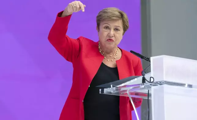 International Monetary Fund (IMF) Managing Director Kristalina Georgieva speaks at the forum Tokenization and the Financial System during the World Bank/IMF Spring Meetings at the International Monetary Fund (IMF) headquarters in Washington, Wednesday, April 23, 2025. (AP Photo/Jose Luis Magana)