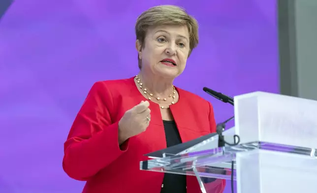 International Monetary Fund (IMF) Managing Director Kristalina Georgieva speaks at the forum Tokenization and the Financial System during the World Bank/IMF Spring Meetings at the International Monetary Fund (IMF) headquarters in Washington, Wednesday, April 23, 2025. (AP Photo/Jose Luis Magana)
