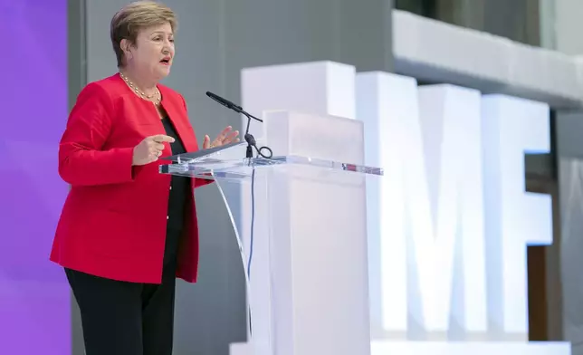 International Monetary Fund (IMF) Managing Director Kristalina Georgieva speaks at the forum Tokenization and the Financial System during the World Bank/IMF Spring Meetings at the International Monetary Fund (IMF) headquarters in Washington, Wednesday, April 23, 2025. (AP Photo/Jose Luis Magana)