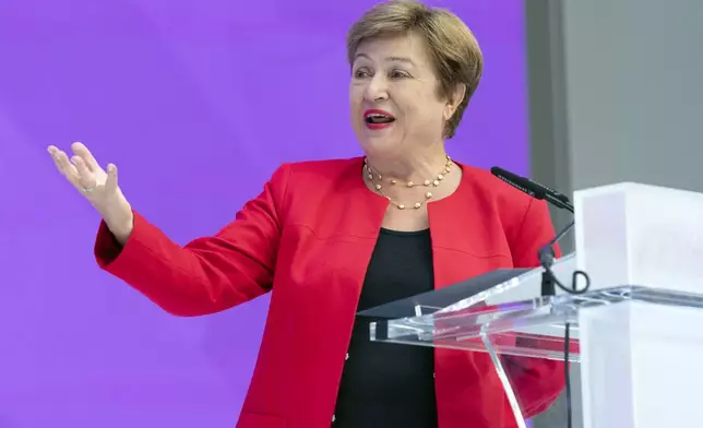 International Monetary Fund (IMF) Managing Director Kristalina Georgieva speaks at the forum Tokenization and the Financial System during the World Bank/IMF Spring Meetings at the International Monetary Fund (IMF) headquarters in Washington, Wednesday, April 23, 2025. (AP Photo/Jose Luis Magana)