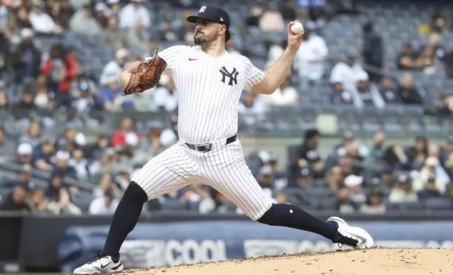 New York Yankees' Carlos Rodón pitches during the second inning of a baseball game against the San Francisco Giants Sunday, April 13, 2025, in New York. (AP Photo/Pamela Smith)
