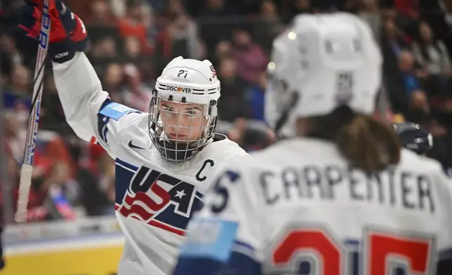 United States' Hilary Knight celebrates a goal during a Group A match against Finland at the women's ice hockey world championships, Wednesday, April 9, 2025, in Ceske Budejovice, Czech Republic. (Lubos Pavlicek/CTK via AP)
