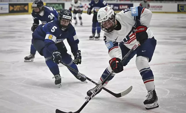 From left, Siiri Yrjöl of Finland and Kelly Pannek of the U.S. in action during the ice hockey IIHF Women's World Championship Group A match between Finland and US, in Ceske Budejovice, Czech Republic, Wednesday, April 9, 2025. (Lubos Pavlicek/CTK via AP)
