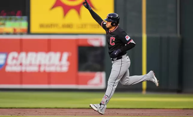 Cleveland Guardians' Gabriel Arias rounds the bases after hitting a home run during the third inning of a baseball game against the Baltimore Orioles, Wednesday, April 16, 2025, in Baltimore. (AP Photo/Stephanie Scarbrough)