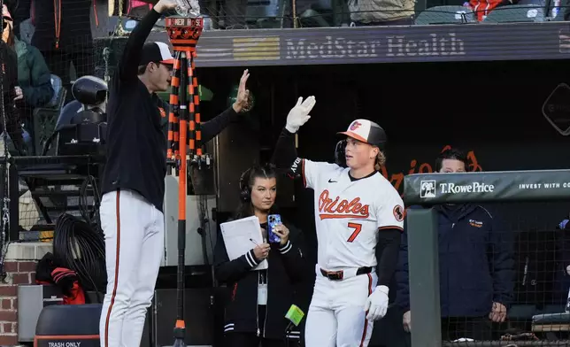 Baltimore Orioles' Jackson Holliday (7) celebrates with Cade Povich, left, after hitting a grand slam during the second inning of a baseball game against the Cleveland Guardians, Wednesday, April 16, 2025, in Baltimore. (AP Photo/Stephanie Scarbrough)