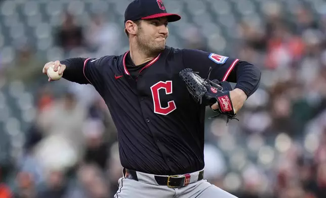 Cleveland Guardians starting pitcher Gavin Williams delivers during the first inning of a baseball game against the Baltimore Orioles, Wednesday, April 16, 2025, in Baltimore. (AP Photo/Stephanie Scarbrough)