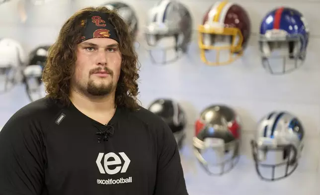 Offensive lineman Jonah Monheim poses for a photo as he prepares for the NFL Football draft in Irvine, Calif., on Friday, March 21, 2025. (AP Photo/Damian Dovarganes)