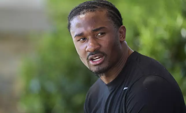 Wide receiver Tory Horton talks about his preparation for the NFL football draft in Lake Forest, Calif., on Friday, March 21, 2025. (AP Photo/Damian Dovarganes)