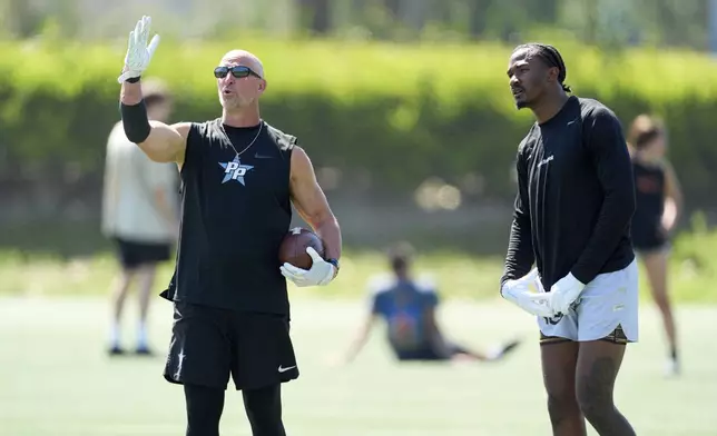 Coach Rick Proehl, left, works with wide receiver Tory Horton in preparation for the NFL football draft at Lake Forest Sports Park in Lake Forest, Calif., on Friday, March 21, 2025. (AP Photo/Damian Dovarganes)