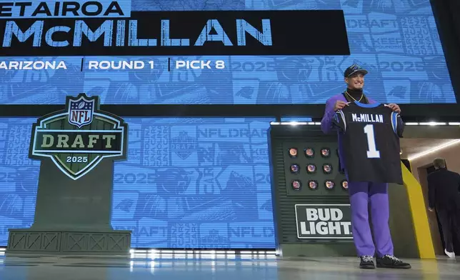 Arizona wide receiver Tetairoa McMillan poses after being chosen by the Carolina Panthers with the eighth overall pick during the first round of the NFL football draft, Thursday, April 24, 2025, in Green Bay, Wis. (AP Photo/Jeff Roberson)