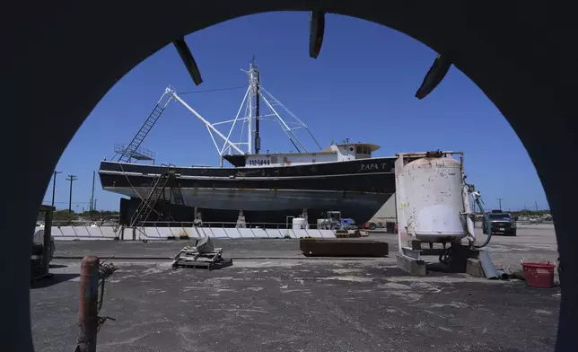 A shrimp boat is refurbished for Quality Seafood's fleet, Wednesday, April 9, 2025, in Palacios, Texas. (AP Photo/Eric Gay)