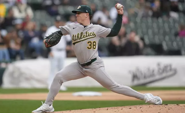 Athletics starting pitcher JP Sears (38) throws against the Chicago White Sox during the first inning of a baseball game Thursday, April 17, 2025, in Chicago. (AP Photo/Erin Hooley)