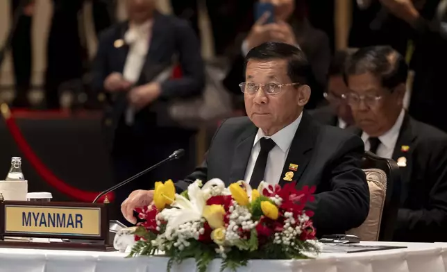 In this photo released by Thailand's Foreign Affairs Ministry, Myanmar's military leader Senior Gen. Min Aung Hlaing, attends the Bay of Bengal Initiative for Multi-Sectoral Technical and Economic Cooperation (6 th BIMSTEC) summit in Bangkok, Thailand, Friday, April 4, 2025. (Thailand's Foreign Affairs Ministry via AP)