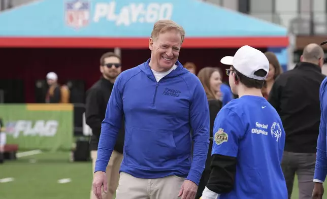 NFL Commissioner Roger Goodell works with local youth football players and Special Olympics athletes during the league's annual prospect clinic ahead of the NFL football draft Wednesday, April 23, 2025, in Green Bay, Wis. (AP Photo/Jeff Roberson)