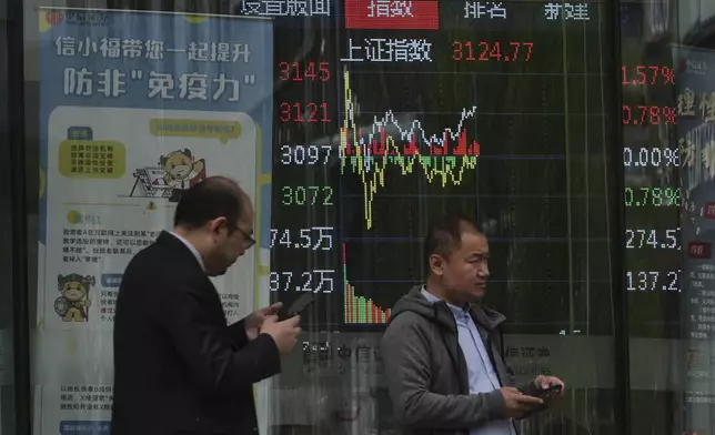 People walk past an electronic board displaying Shanghai shares trading index at a brokerage house, in Beijing, Tuesday, April 8, 2025. (AP Photo/Andy Wong)