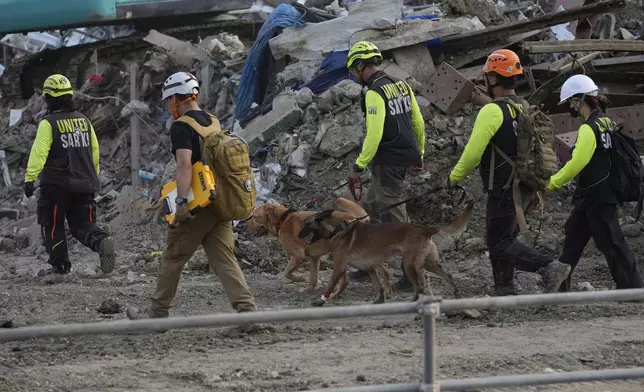 Rescuers work with sniffer dogs at the site of an under-construction high-rise building that collapsed on Friday after an earthquake in Bangkok, Thailand, Saturday, March 29, 2025. (AP Photo/Manish Swarup)