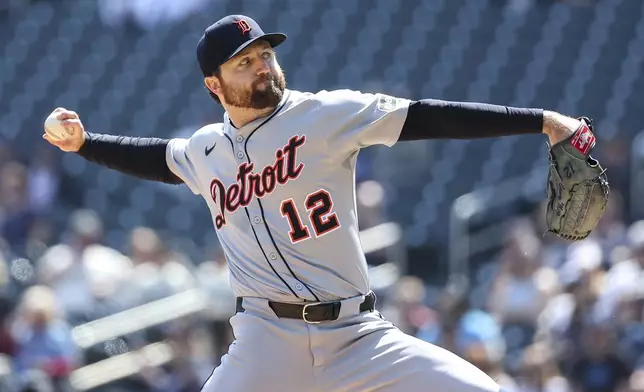 Detroit Tigers starting pitcher Casey Mize delivers against the Minnesota Twins during the first inning of a baseball game Sunday, April 13, 2025, in Minneapolis. (AP Photo/Matt Krohn)