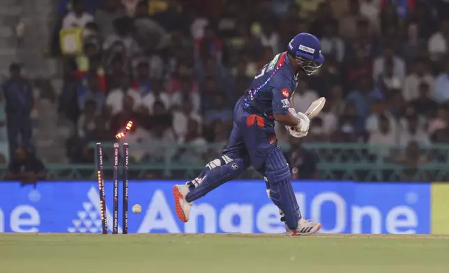 Lucknow Super Giants' captain Rishabh bowled out by Delhi Capitals' Mukesh Kumar during the Indian Premier League cricket match between Lucknow Super Giants and Delhi Capitals at Atal Bihari Vajpayee Ekana Cricket Stadium in Lucknow, India, Tuesday, April 22, 2025. (AP Photo)