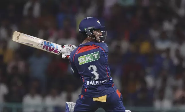 Lucknow Super Giants' Ayush Badoni plays a shot during the Indian Premier League cricket match between Lucknow Super Giants and Delhi Capitals at Atal Bihari Vajpayee Ekana Cricket Stadium in Lucknow, India, Tuesday, April 22, 2025. (AP Photo)