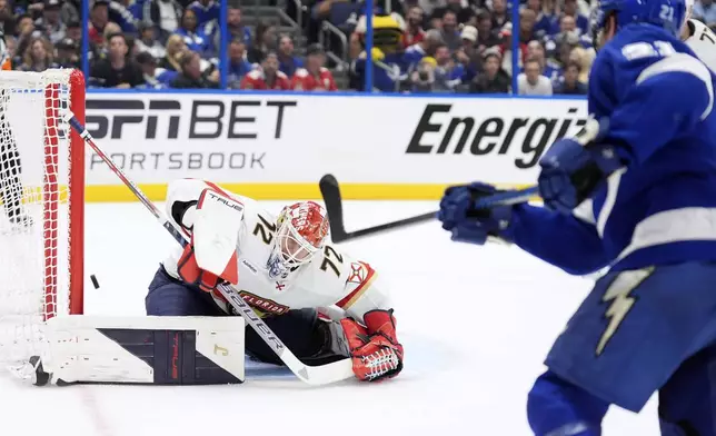 Florida Panthers goaltender Sergei Bobrovsky (72) can't stop a shot by Tampa Bay Lightning center Brayden Point (21) during the second period in Game 1 of an NHL hockey Stanley Cup first-round playoff series, Tuesday, April 22, 2025, in Tampa, Fla. (AP Photo/Chris O'Meara)