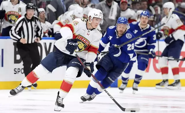 Florida Panthers center Anton Lundell (15) breaks out ahead of Tampa Bay Lightning center Zemgus Girgensons (28) during the third period in Game 1 of an NHL hockey Stanley Cup first-round playoff series, Tuesday, April 22, 2025, in Tampa, Fla. (AP Photo/Chris O'Meara)