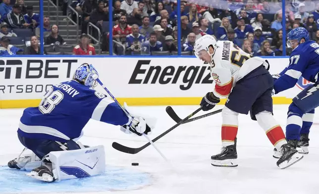 Florida Panthers center Brad Marchand (63) shoots on Tampa Bay Lightning goaltender Andrei Vasilevskiy during the third period in Game 1 of an NHL hockey Stanley Cup first-round playoff series, Tuesday, April 22, 2025, in Tampa, Fla. (AP Photo/Chris O'Meara)