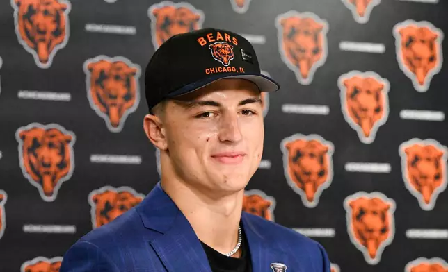 Tight end Colston Loveland, the Chicago Bears' first round draft pick, 10th overall, speaks during an NFL football press conference, Friday, April 25, 2025, in Lake Forest, Ill. (AP Photo/Matt Marton)