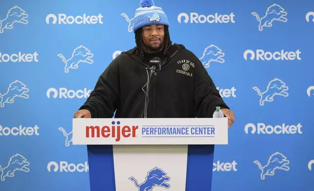Ohio State defensive tackle Tyleik Williams, the Detroit Lions first round pick, 28th overall, in the NFL football draft, speaks during a news conference in Allen Park, Mich., Friday, April 25, 2025. (AP Photo/Paul Sancya)