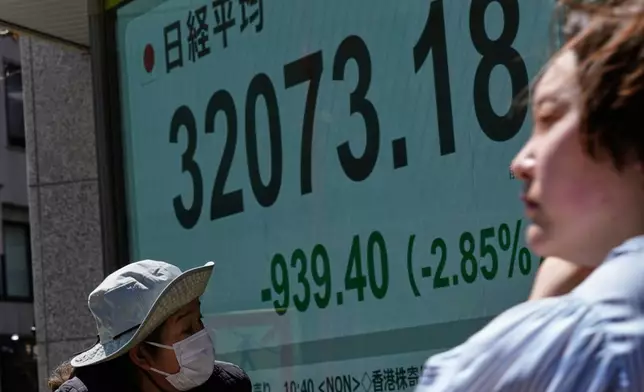 People walk past monitors showing Japan's Nikkei 225 index at a securities firm in Tokyo, Wednesday, April 9, 2025. (AP Photo/Hiro Komae)
