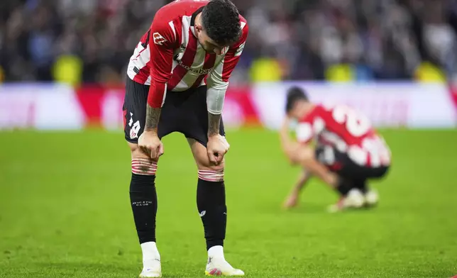 Athletic Bilbao's Unai Nunez reacts at the end of the Spanish La Liga soccer match between Real Madrid and Athletic Bilbao at the Santiago Bernabeu stadium in Madrid, Sunday, April 20, 2025. (AP Photo/Manu Fernandez)