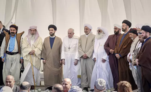 FILE.- Pope Francis stands with religious leaders during an interreligious meeting near the archaeological area of the Sumerian city-state of Ur, 20 kilometers south-west of Nasiriyah, Iraq, Saturday, March 6, 2021.(AP Photo/Andrew Medichini,File)
