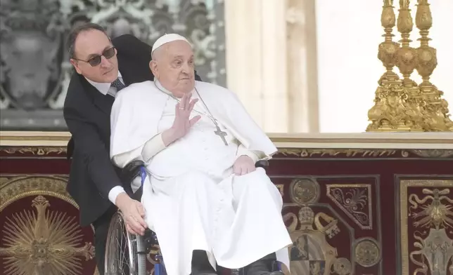 Pope Francis arrives at the end of the mass on Palm Sunday in St. Peter's Square at The Vatican, Sunday, April 13, 2025. (AP Photo/Gregorio Borgia)