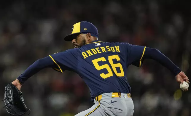 Milwaukee Brewers pitcher Grant Anderson throws to a San Francisco Giants batter during the sixth inning of a baseball game Monday, April 21, 2025, in San Francisco. (AP Photo/Godofredo A. Vásquez)