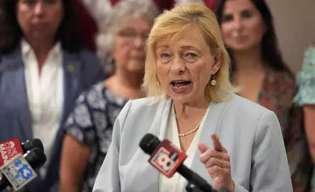 FILE-Maine Gov. Janet Mills speaks to the media in this July 19, 2023, file photo, at the State House in Augusta, Maine. (AP Photo/Robert F. Bukaty, file)