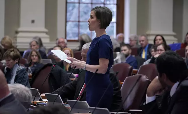 FILE-State Rep. Laurel Libby, R-Auburn, speaks in the House Chamber, in this Jan. 4, 2023, file photo, at the State House in Augusta, Maine. (AP Photo/Robert F. Bukaty, file)
